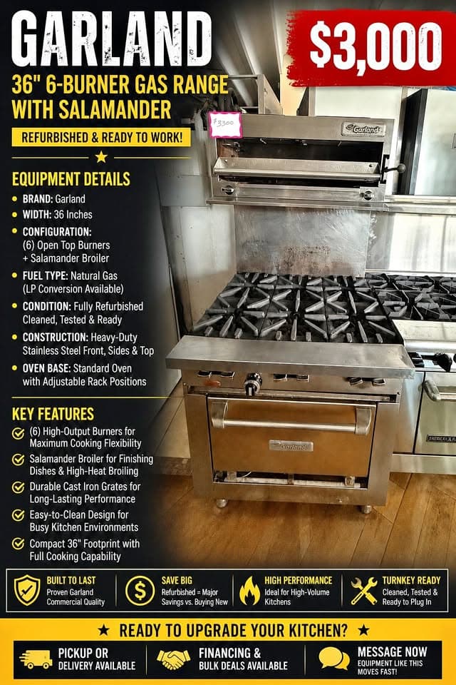 REFURBISHED 36" GARLAND 6-BURNER GAS RANGE w/ SALAMANDER