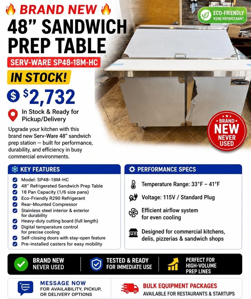 BRAND NEW 48" SANDWICH PREP TABLE β SERV-WARE SP48-18M-HC