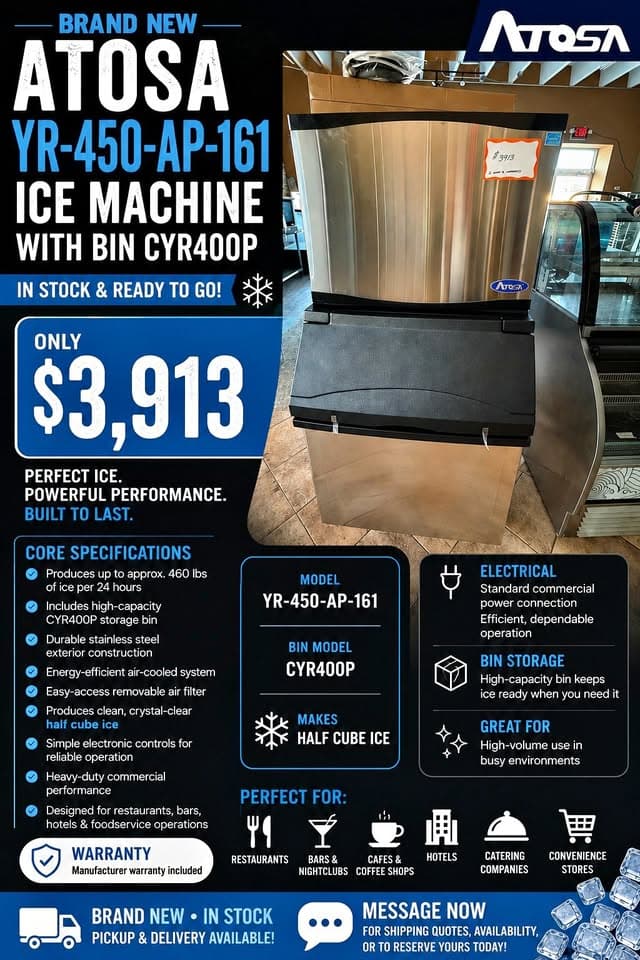 BRAND NEW ATOSA YR-450-AP-161 ICE MACHINE WITH BIN