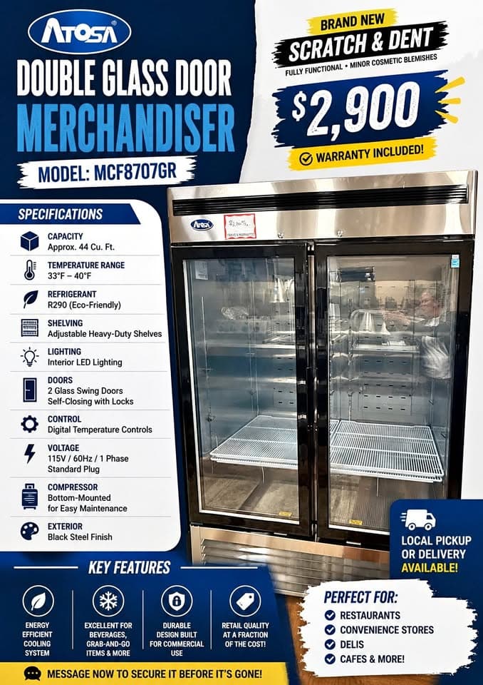BRAND NEW SCRATCH & DENT β DOUBLE GLASS DOOR MERCHANDISER
