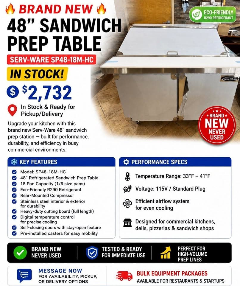 BRAND NEW 48" SANDWICH PREP TABLE – SERV-WARE SP48-18M-HC