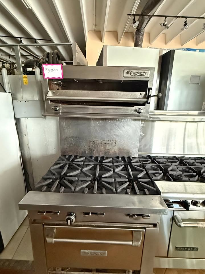 GARLAND 6-BURNER NATURAL GAS RANGE WITH SALAMANDER – TESTED & REFURBISHED – $3,300 — Refurbished commercial restaurant equipment for sale